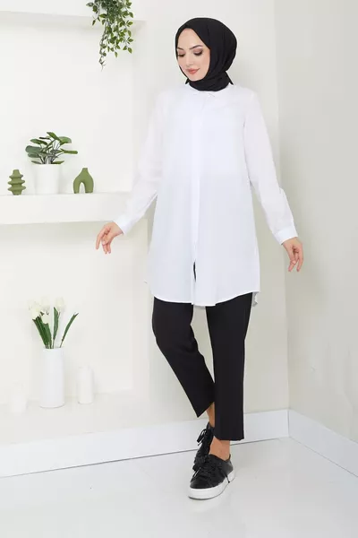 Women's White Terry Cotton Hidden Button Boyfriend Modest Shirt