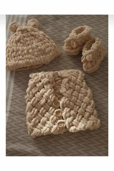 Hand-Knitted Vest, Booties, and Hat Set