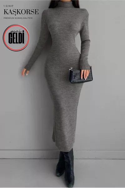 Robe crayon midi en tissu côtelé à col montant, longueur  cm