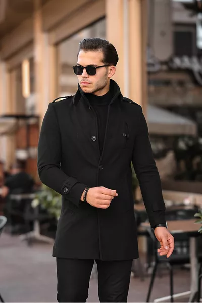 معطف طويل للرجال من صوف مختلط بياقة عالية وقصة ضيقة