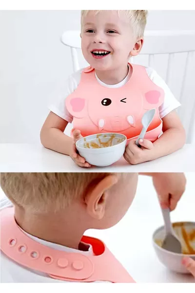 Bavaglino in silicone rosa con figura in rilievo e tasche