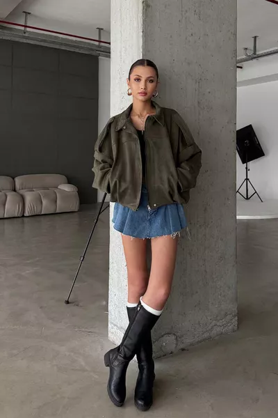 Oversized Women's Bomber Jacket in Khaki Suede Leather