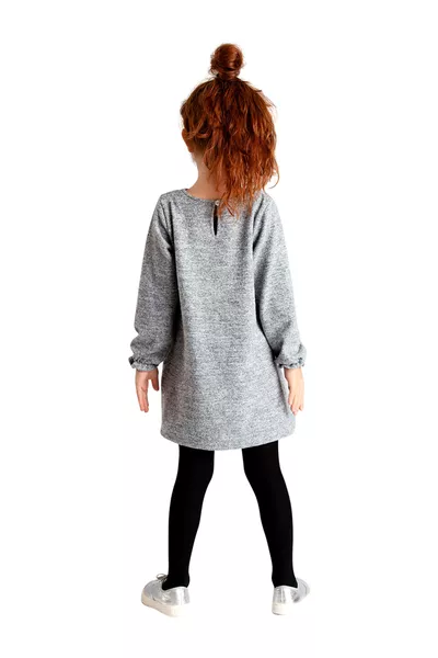 Grijze meisjesjurk met klaproosprint, lange mouwen en elastische manchetten