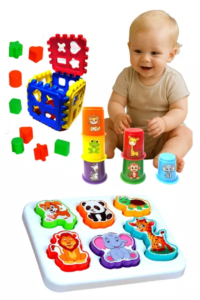 Lernset Zylinderturm + Steckpuzzle + Niedliche Tiersteckpuzzle