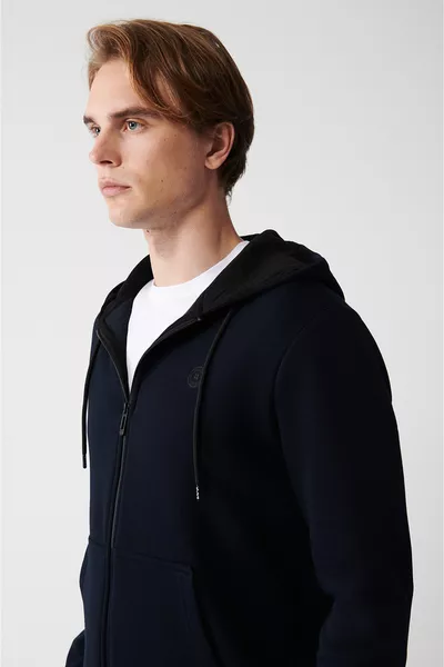 سويت شيرت رجالي أزرق غامق بغطاء للرأس، بسحّاب، بخيوط مزدوجة مبطنة، مقاس عادي 