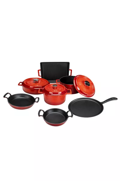Ensemble de  casseroles en fonte rouge tendance XXL