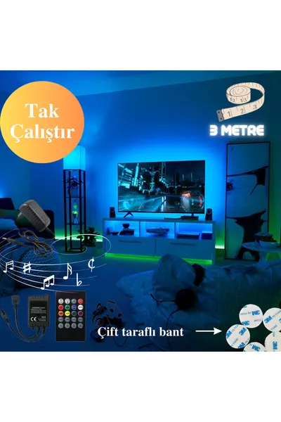 Sound and Music Sensitive TV Back RGB Strip LED Plug and Play 3 Meters