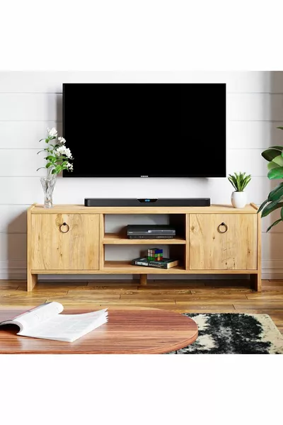 Meuble TV avec étagères et portes - Meuble télévision en pin Atlantique