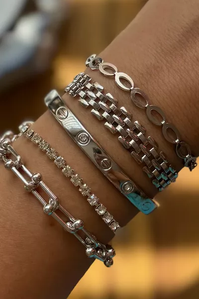 مجموعة مجوهرات سوار مكونة من 5 قطع مطلي بالفضة مع حجر زركون