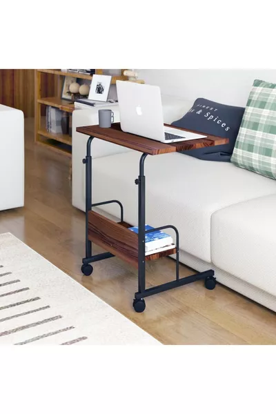 Работна маса за лаптоп с колела с регулируема височина, спирачки и рафт 