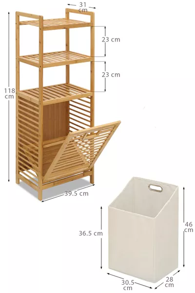 Organisateur de salle de bain multifonction à 3 étagères avec panier à linge en bambou 