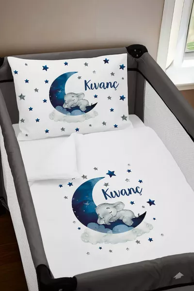 Personaliseren  Parkbed Kinderbeddengoedset Blauw Olifant op de Maan