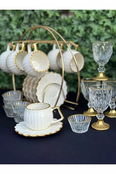 Set de service café  pièces avec anse dorée et motif marguerite, design élégant et raffiné, set complémentaire