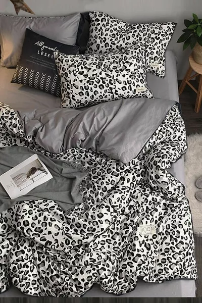 Parure de lit drap-housse pour une personne, motif léopard, pure noir et blanc