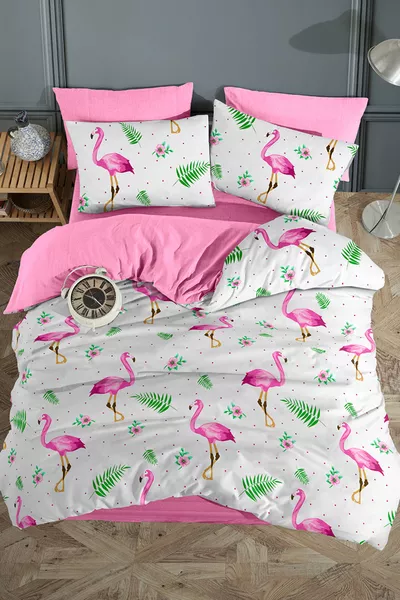Parure de lit une personne à motif flamant rose, drap-housse avec élastique, réversible