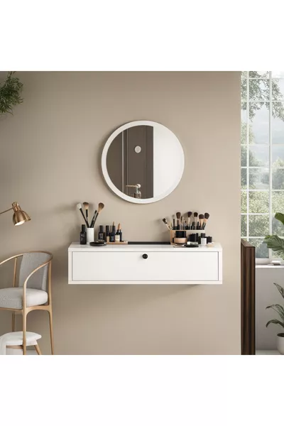 Table de maquillage murale Claria avec miroir et couvercle, blanc -W