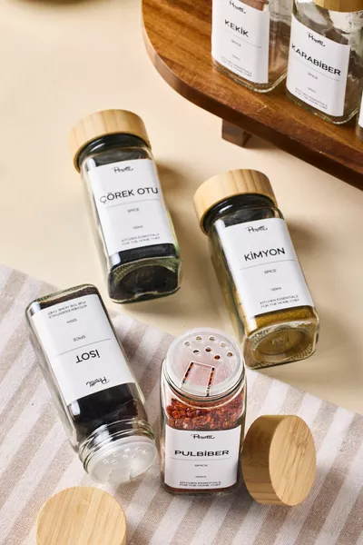 Raul Bamboo  ml -delige kruidenpotjes set met glazen vierkante vorm, bamboedeksel en etiket