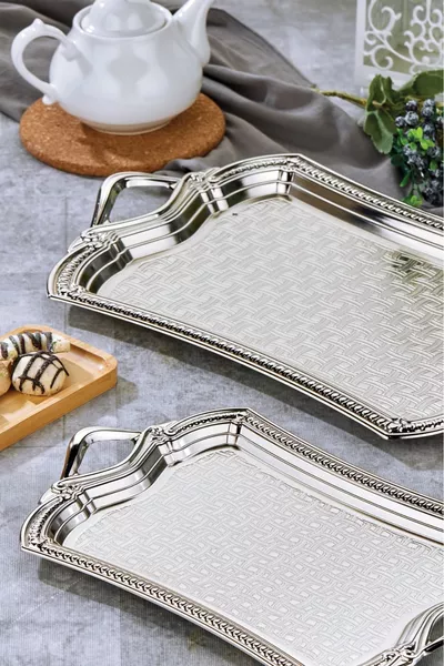 صينية مربعة فاخرة من الستانلس ستيل مقاومة للصدأ، طقم 2 قطع ( سم و  سم)