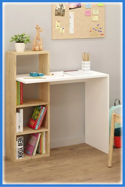 Darel Schreibtisch mit Bücherregal, weißer Computertisch mit Saphireiche-Regal, Büro- und Lernlaptoptisch