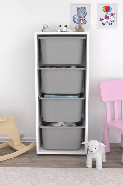 خزانة ألعاب متعددة الأغراض مع 4 سلال عميقة، خزانة مطبخ ومستودع رمادية