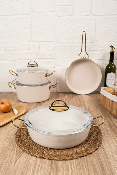 Набор кастрюль с золотой ручкой из белого гранита, 7 предметов,  см