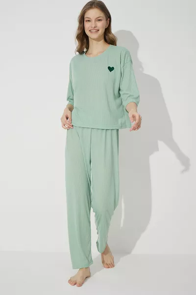 Green Soft Touch Thin Knitted Embroidered Pajama Set
