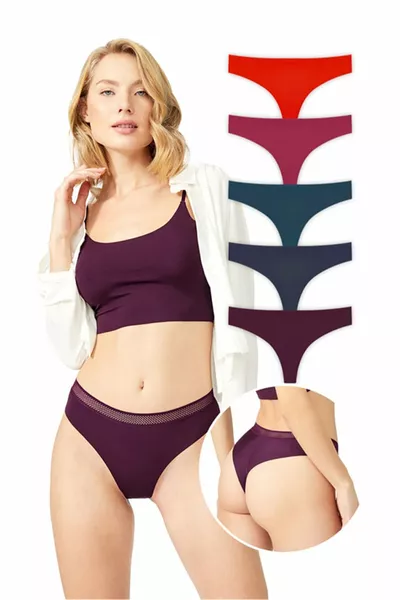 Базовые лазерные трусики-бразильяны с сеткой и резинкой, набор 5 штук - 2