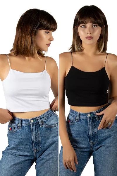 2-Piece Pack Women's Black and White Cotton Crop Top Cami Tank Top