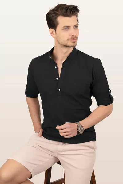Siyah Hakim Yaka Keten Üç Düğmeli Erkek Gömlek