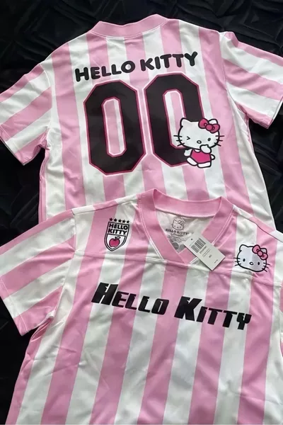 T-shirt Hello Kitty en jersey rose et blanc à col en V rayé