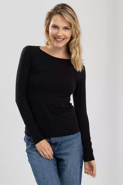 Дамски памучен боди с дълъг ръкав и кръгло деколте, черен