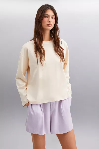 Basıl Kadın Oversize % Organik Pamuk Örme Uzun Kol Bej T-shirt