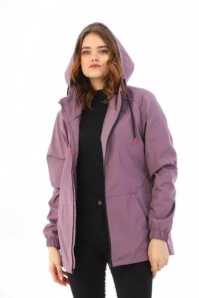 Kadın Mürdüm Içi Astarlı Su Geçirmez Ve Rüzgara Dayanıklı Kapüşonlu Cepli Yağmurluk - Rüzgarlık