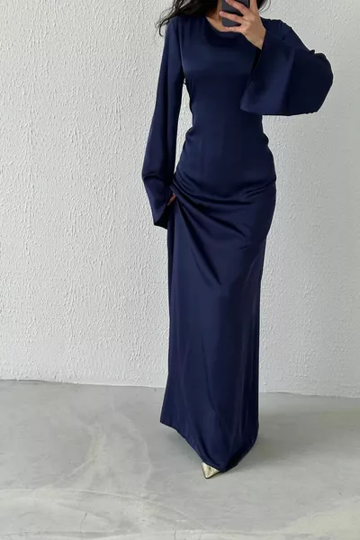 Тъмносиня абитуриентска рокля с цип и връзки отзад