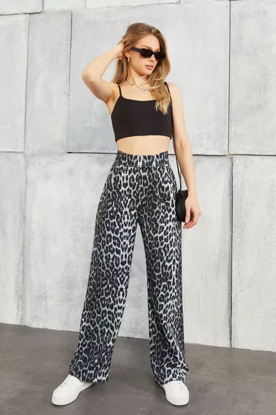 Kadın Yüksek Leopar Bel Cırtlı Beli Palazzo Pantolon