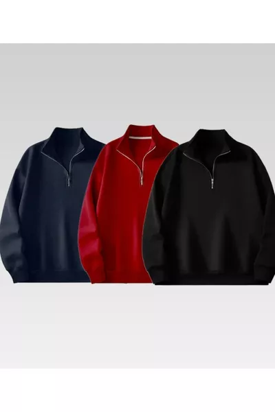 3-Pack Black, Red, Navy High Neck Zip-Up Plain Sweatshirt