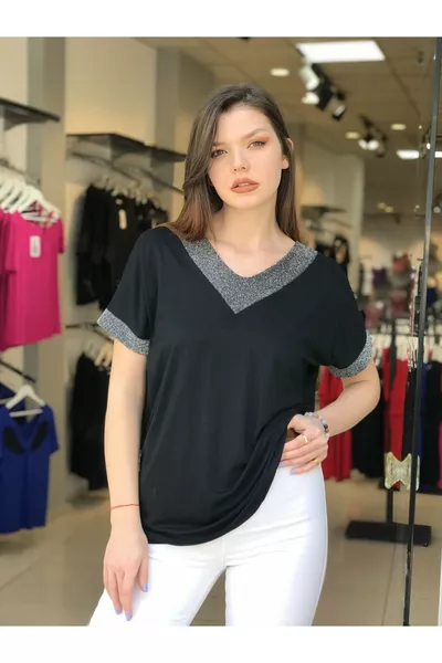 Women's Plus Size V-Neck Black Blouse with Neck and Sleeve Silver Glitter 