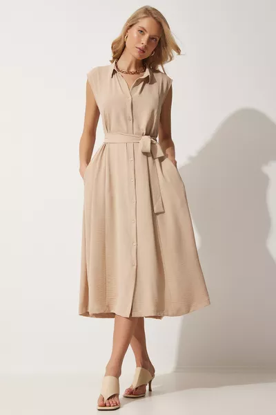 Damen Leinen-Viskose-Sommerkleid mit Gürtel 