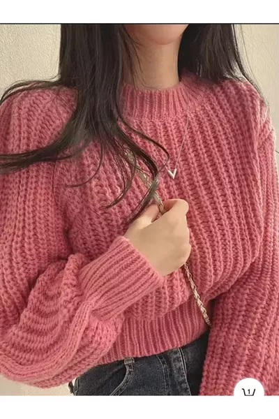 Cropped Loose-Fit Balloon Sleeve Crew Neck Pink Sweater