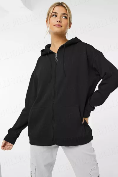 Sweat à capuche zippé pour femme, noir, en polaire trois fils, style kangourou, oversize et décontracté