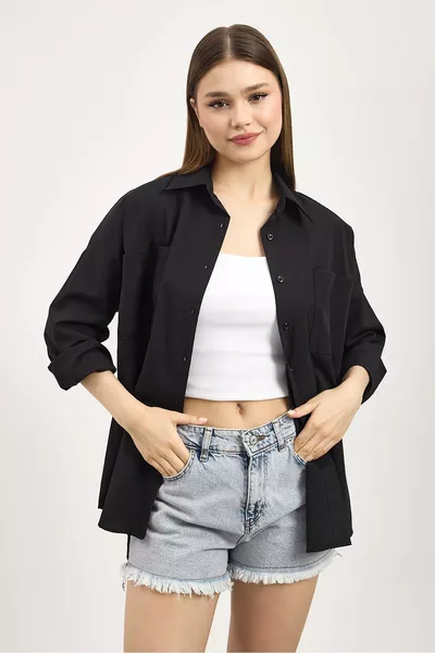 Zwarte Oversized Lange Basic Overhemd met Dubbele Zak - a