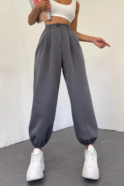 بنطال نسائي بالون أنثراسيت بخصر مرتفع وحافة أرجل مرنة