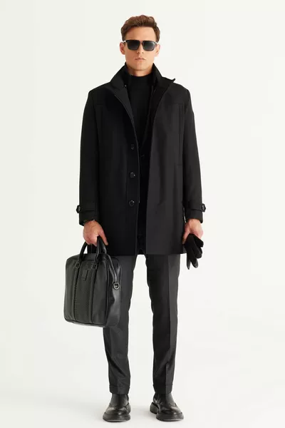 معطف رجالي أسود بقصة عادية، ياقة مرتفعة، صوف منقوش