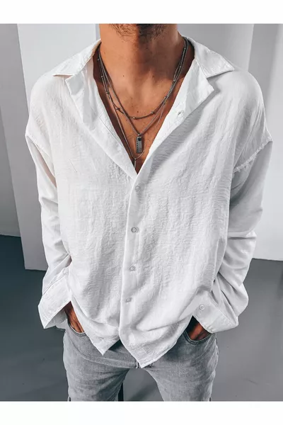 قميص رجالي أبيض واسع من الكتان مع مظهر الآيروبين خفيف للصيف