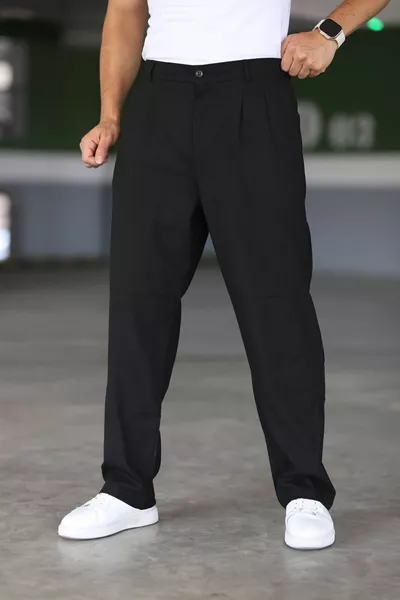 Pantalon Baggy Noir à Taille Élastique, Double Plis, Coupe Confortable et Large, Classique, de Qualité