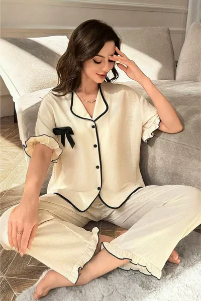 Short Sleeve Bow Detail Buttoned Pajama Set