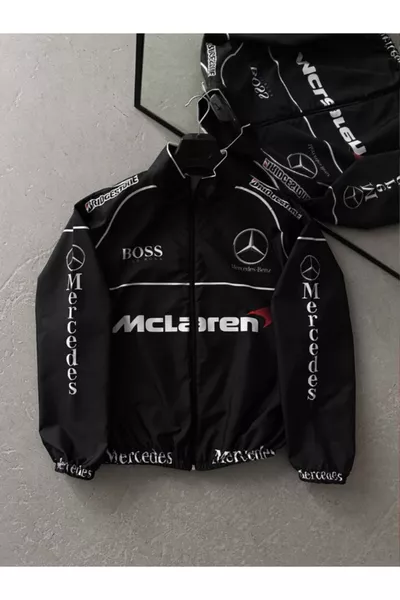 جاكيت واقٍ من الرياح أسود مقاس كبير مطبوع من قماش الباراشوت للجنسين