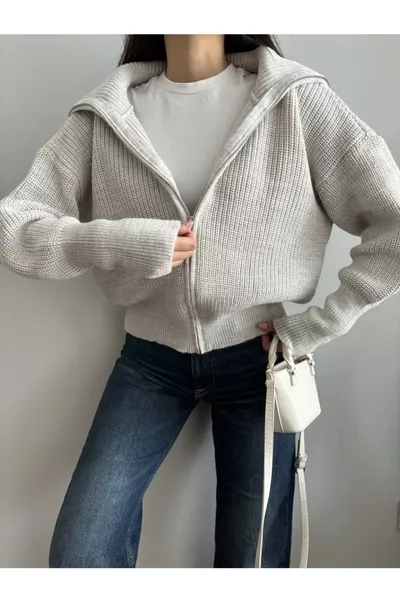 Dames Trui met Rits en Omgeslagen Hals