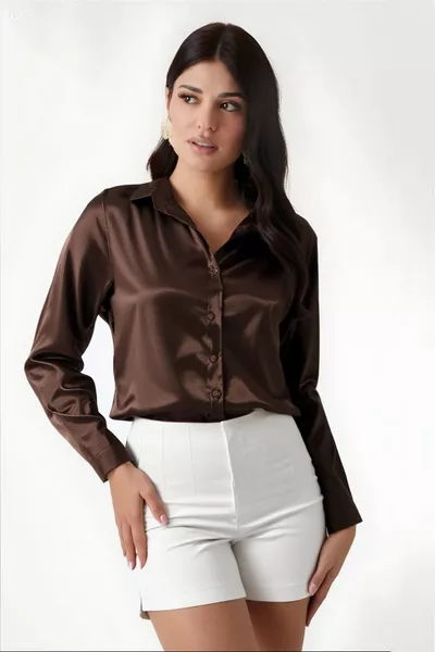 Damen Braun Locker fallende Bluse mit Satin-Oberfläche 