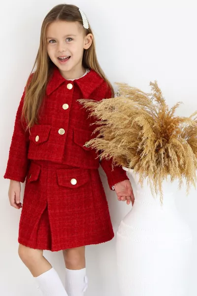 Детски комплект за момиче Червено Кармен от туид Пола и Яке за  април и Нова година